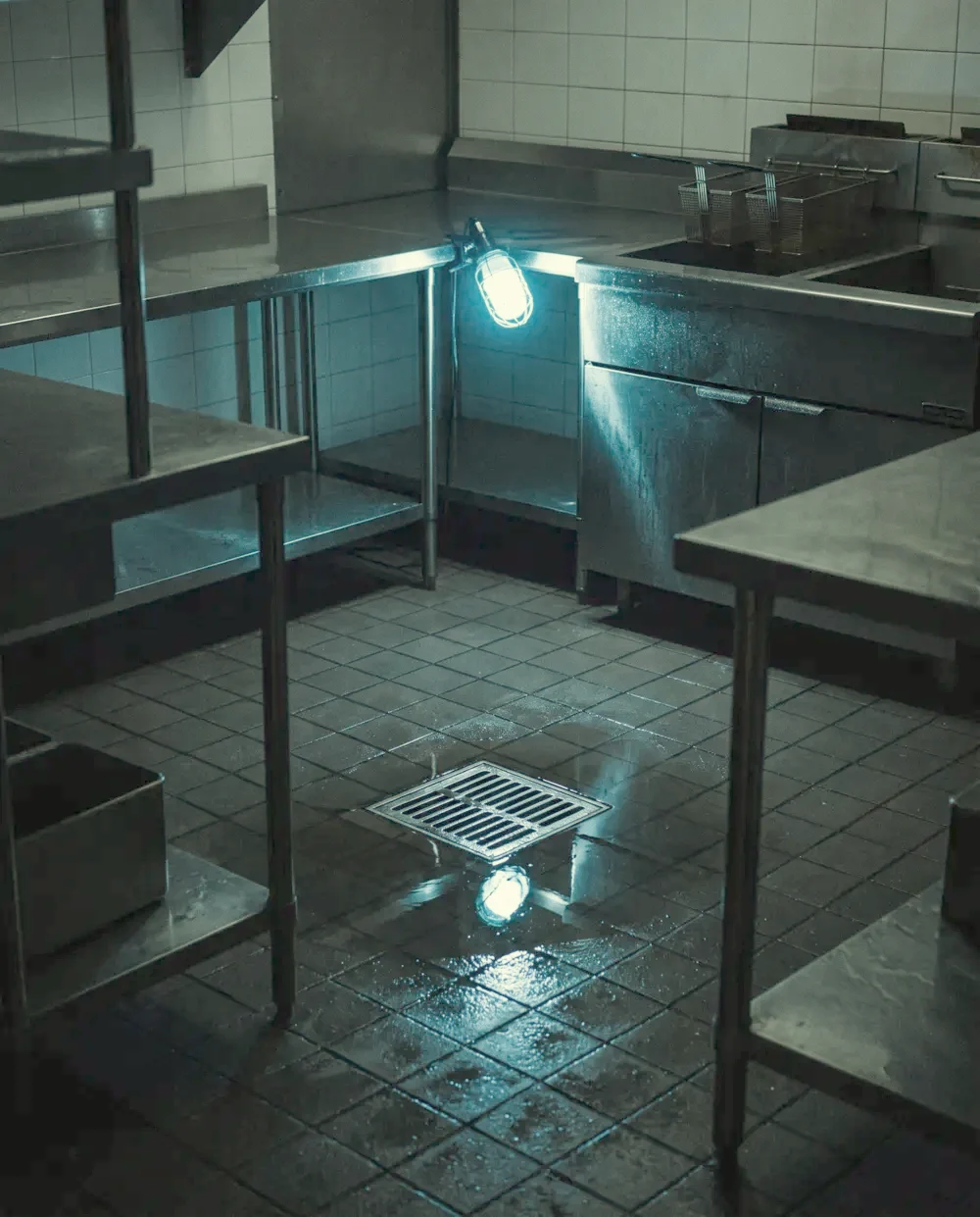 A commercial kitchen at night, stainless steel prep tables and sinks around a floor drain set in the tiled floor.