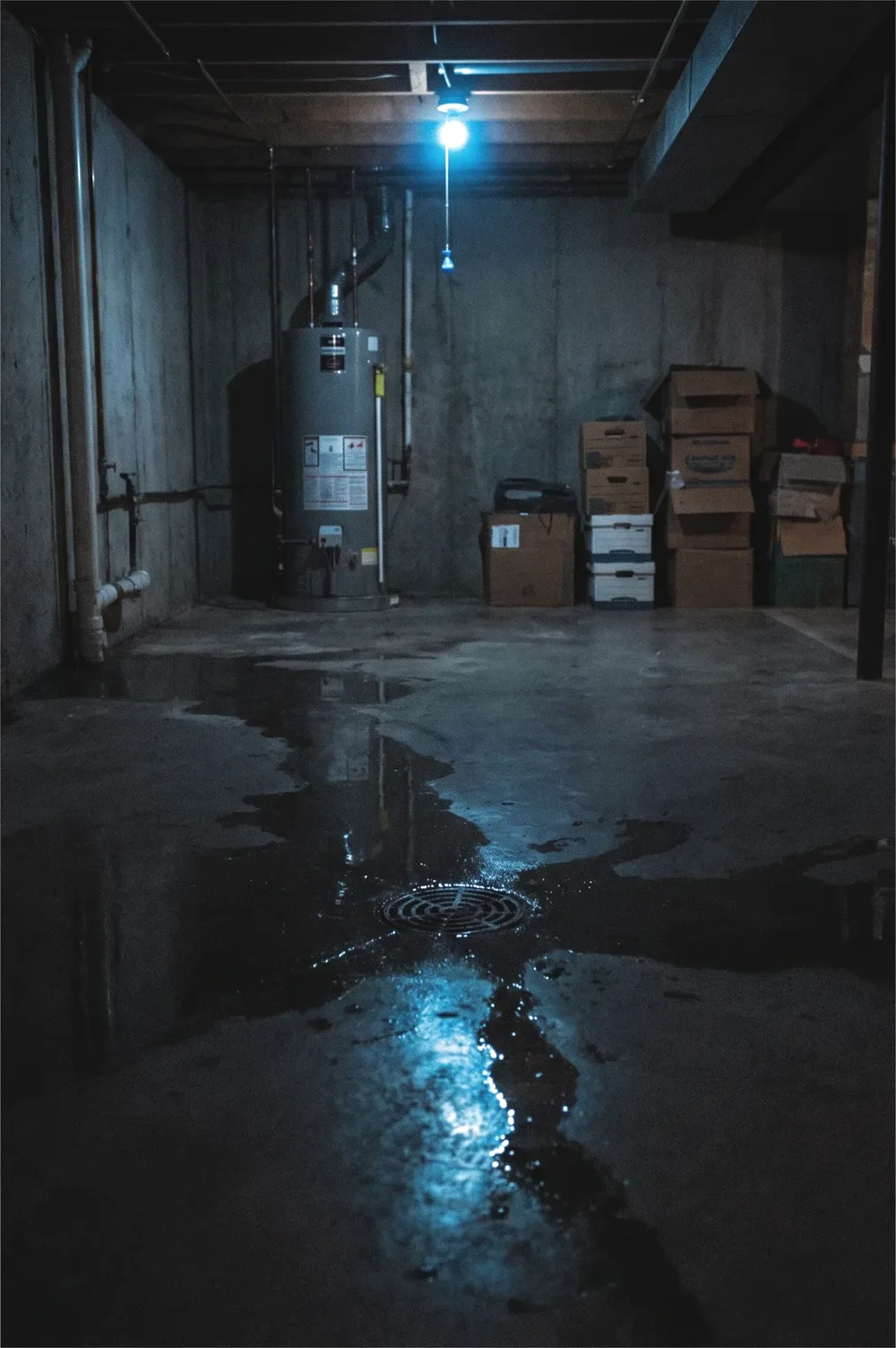 Illustration: water backing up around a basement floor drain